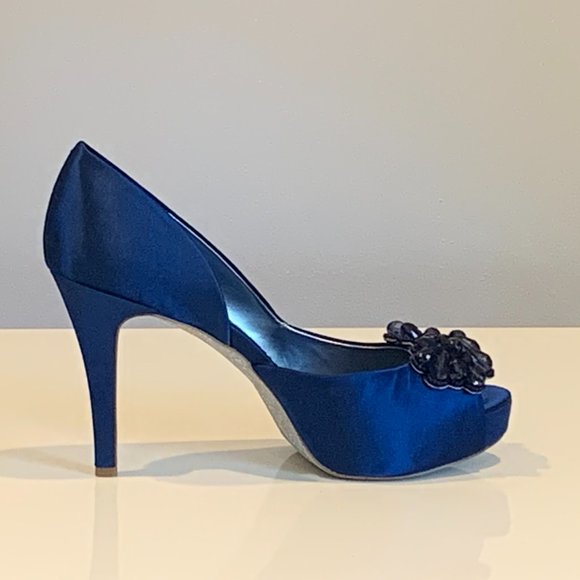 NWT Nine West Gorgeous Blue Peep Toe Platform Pumps in original box, size 10 M - Picture 12 of 15